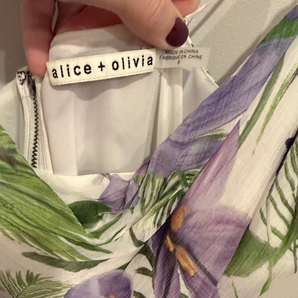 ALICE + OLIVIA Tevi Cowl-Neck Asymmetric Floral Dress w/ Sash - Picture 2 of 5